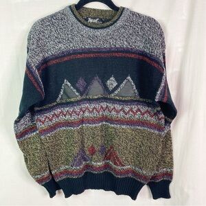 Vintage Gray Black Geometric Eclectic Grandpa Knit Sweater Lg